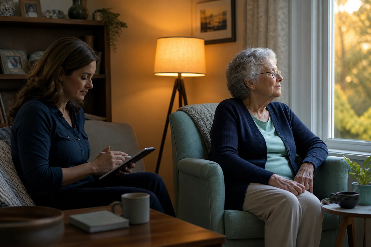 A caregiver calmly recording observations while an older adult relaxes at home