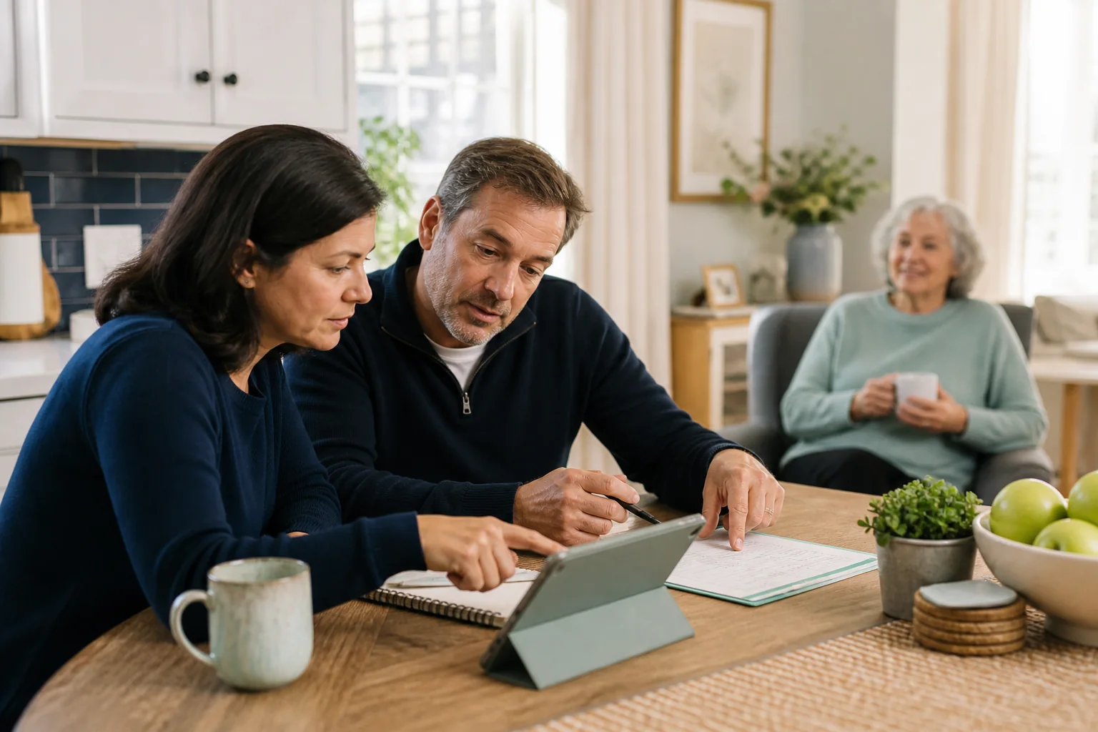 Two family caregivers reviewing a shared care plan while an older loved one relaxes nearby