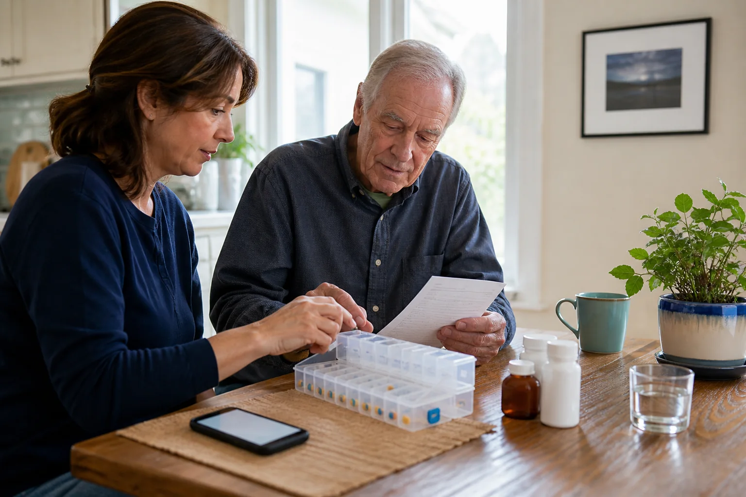 A family caregiver and an older adult carefully reviewing a medication routine together